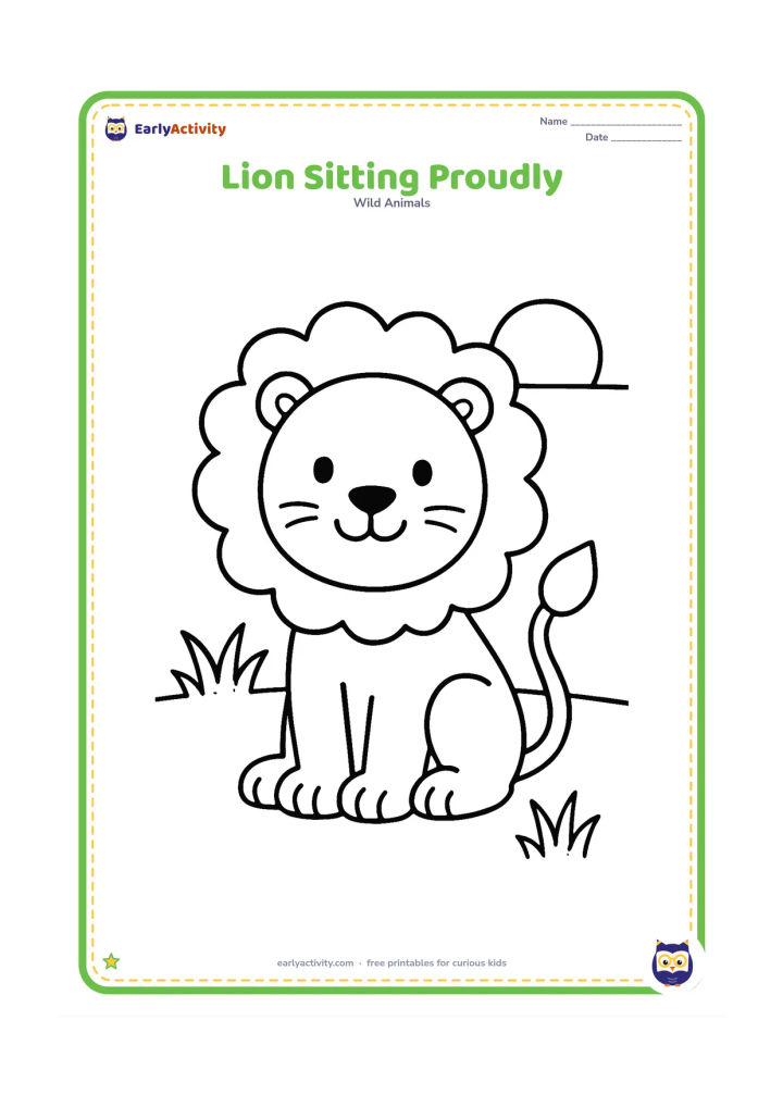 Colouring page: Draw one friendly lion sitting upright with a rounded mane and a long curved tail. Place it on open ground with two tufts of grass and a low sun.