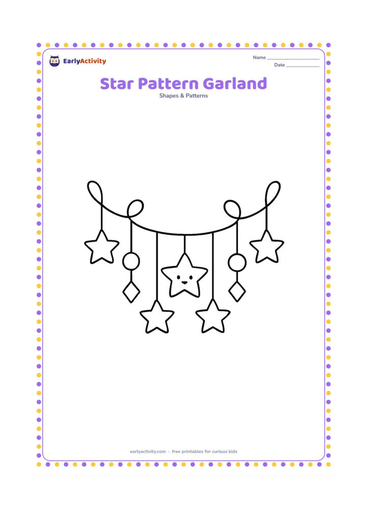 Colouring page: A long hanging garland alternates five-point stars, circles and simple diamond shapes, with a small smiling star at the center and broad loops above it.