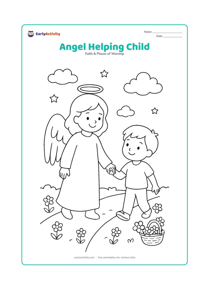 Colouring page: A friendly angel holds the hand of a young child as they walk along a flower-lined path. Include soft clouds, a few stars and a small basket of flowers beside the path.
