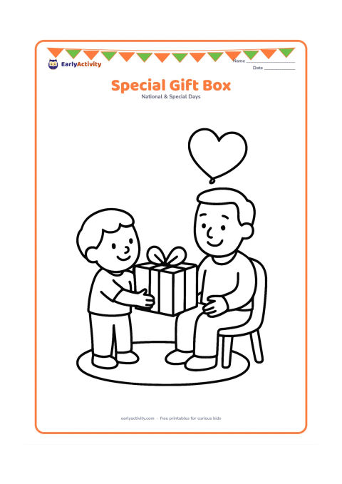 Colouring page: A child presents a large open gift box with a ribbon to a smiling seated father, with a heart-shaped balloon and a simple rug nearby.
