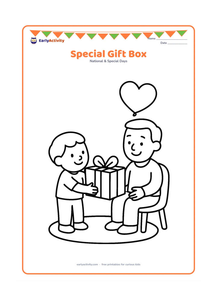 Colouring page: A child presents a large open gift box with a ribbon to a smiling seated father, with a heart-shaped balloon and a simple rug nearby.