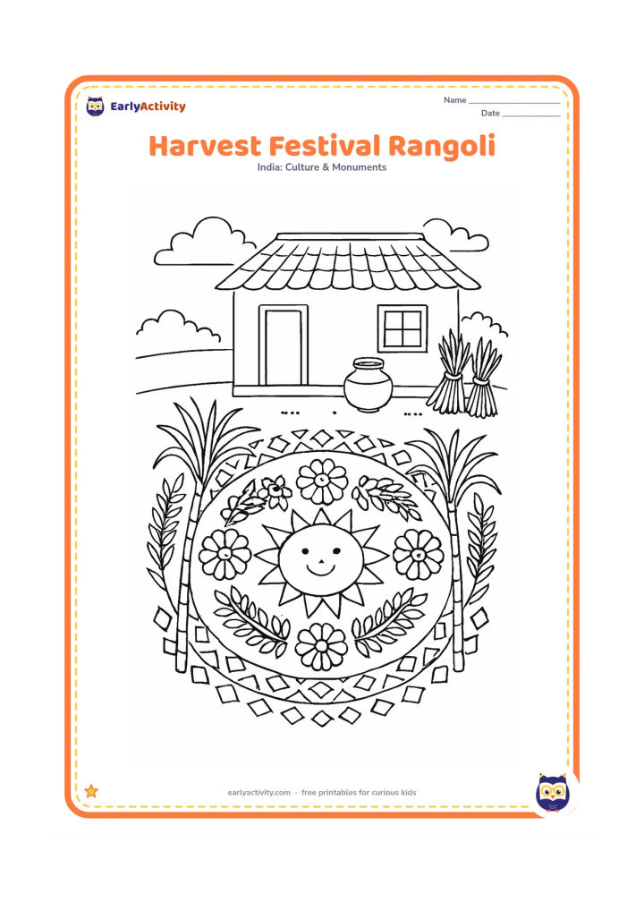 Colouring page: Draw a detailed harvest-themed rangoli with a central sun, sugarcane stalks, grain-like leaf clusters, flowers and repeated diamond borders. Set it outside a rural Indian home with a…