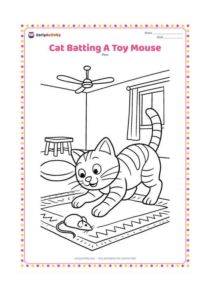 Colouring page: A playful cat crouches with one paw raised to bat a small toy mouse across a living-room floor. Show a patterned rug, a floor cushion, a low wooden stool, and a ceiling fan in the…
