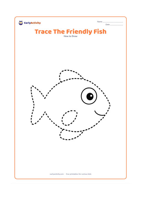 Worksheet: Show one very large side-view fish made from a bold rounded body, simple triangle tail, one large eye, and two easy fins. Use a thick dashed outline for tracing and leave the background…
