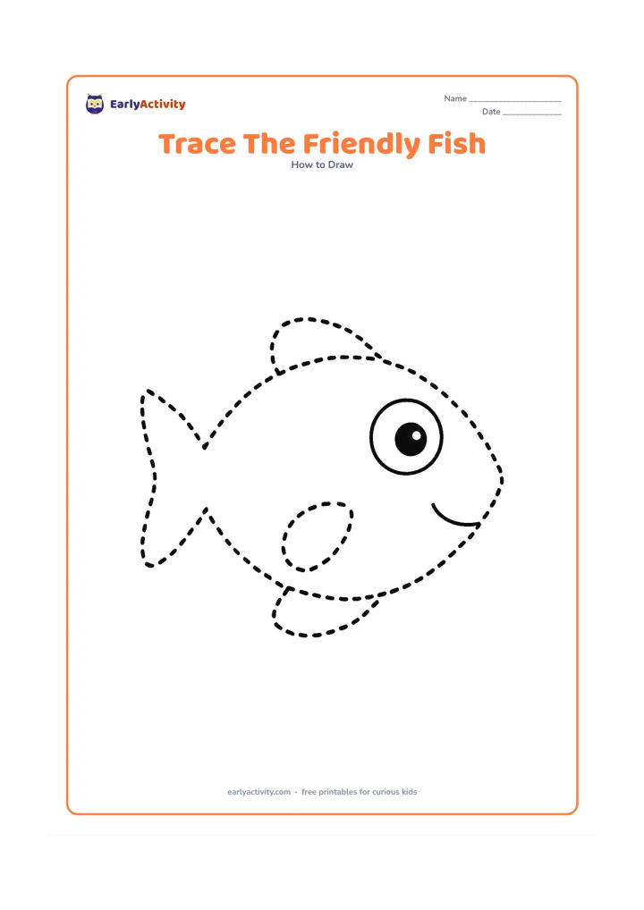 Worksheet: Show one very large side-view fish made from a bold rounded body, simple triangle tail, one large eye, and two easy fins. Use a thick dashed outline for tracing and leave the background…