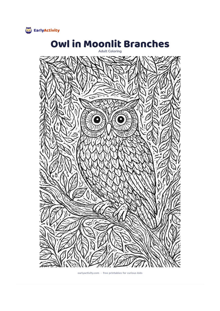 Colouring page: Draw a large owl perched on a twisting tree branch at night, facing the viewer with wide eyes. Surround it with layered leaves, small crescent-shaped foliage openings, hanging vines and…
