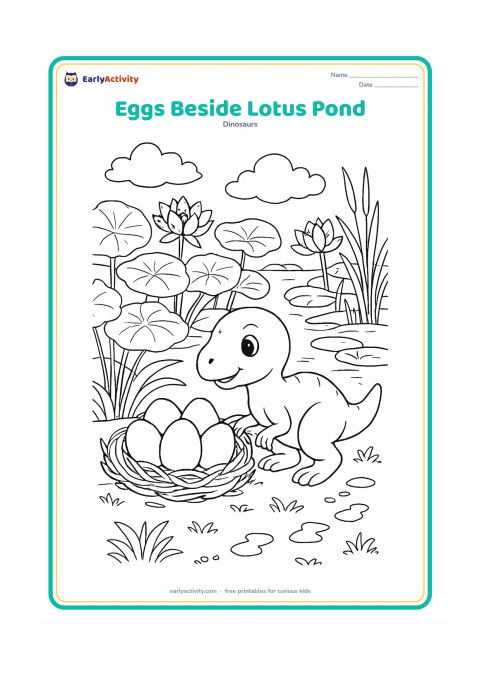 Colouring page: Draw a baby dinosaur crouching beside a carefully built nest of eggs near a lotus pond. Include overlapping lotus leaves, flowers, reeds, stepping stones, a fern, reflected clouds and a…
