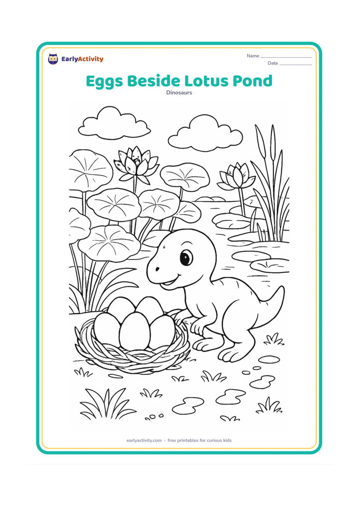 Colouring page: Draw a baby dinosaur crouching beside a carefully built nest of eggs near a lotus pond. Include overlapping lotus leaves, flowers, reeds, stepping stones, a fern, reflected clouds and a…