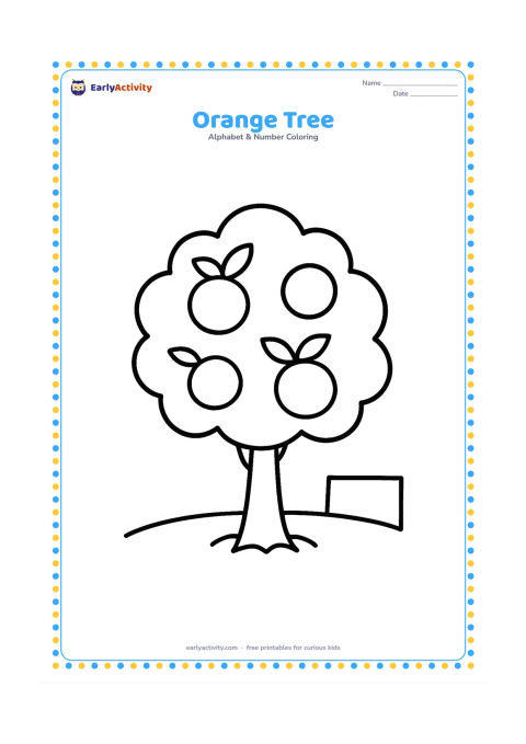 Colouring page: Draw a small orange tree with a rounded leafy crown, three large oranges and a simple patch of soil. Include a low wall shape in the distance without any markings.