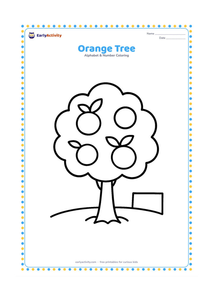 Colouring page: Draw a small orange tree with a rounded leafy crown, three large oranges and a simple patch of soil. Include a low wall shape in the distance without any markings.