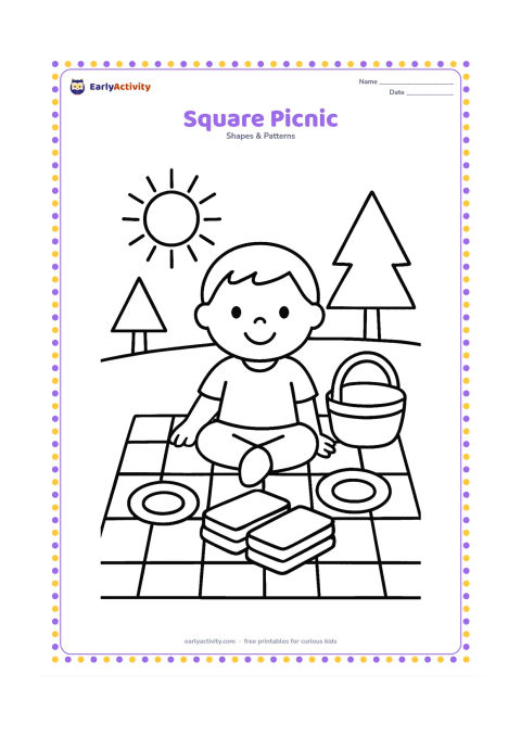 Colouring page: Draw a child sitting on a square picnic blanket beside a round basket and large rectangular sandwiches. Add a few circular plates and triangular trees in a sunny park.