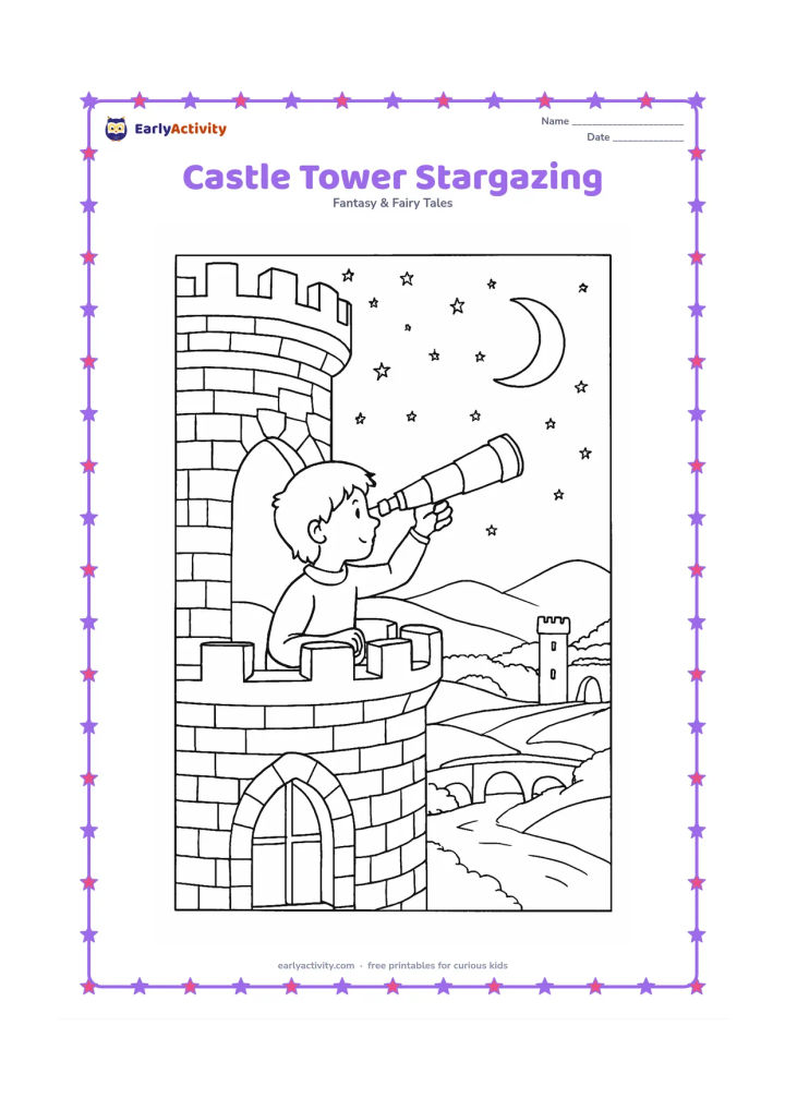 Colouring page: A child looks through a telescope from the balcony of a grand stone castle tower at night. Draw detailed masonry, crenellated walls, arched windows, a distant gate and bridge, peaceful…