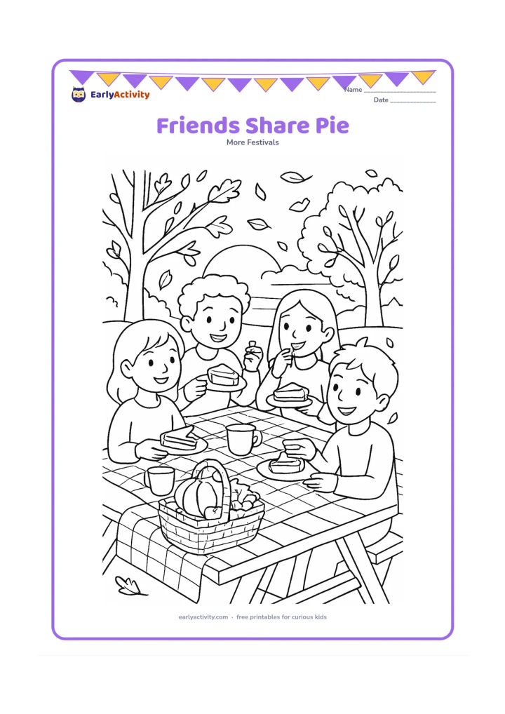 Colouring page: Four children of different appearances share slices of pumpkin pie at a picnic table in an autumn park. Include a basket of produce, mugs, patterned blankets, trees, falling leaves and a…
