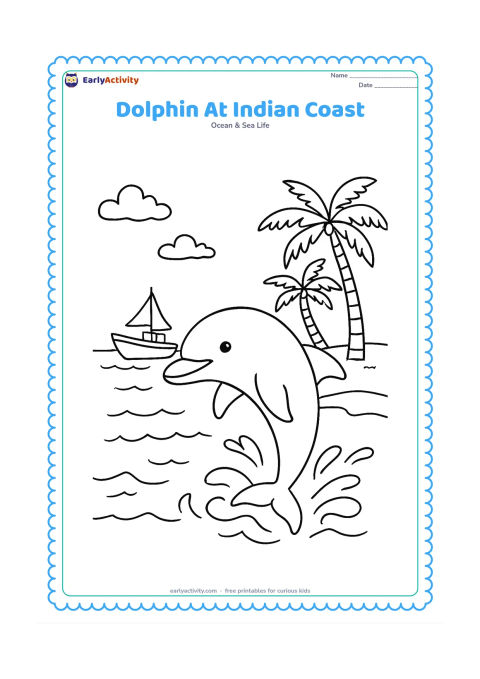 Colouring page: Draw a dolphin leaping near an Indian coastal beach with a small fishing boat, coconut palms, a sandy shore, and low waves. Place the dolphin prominently in the foreground and keep the…