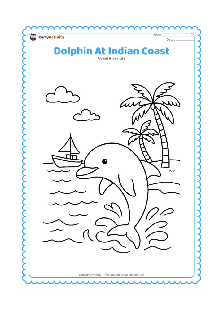 Colouring page: Draw a dolphin leaping near an Indian coastal beach with a small fishing boat, coconut palms, a sandy shore, and low waves. Place the dolphin prominently in the foreground and keep the…
