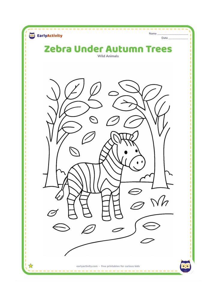 Colouring page: Draw one zebra standing beneath two trees with broad leaves, some leaves falling around it. Add a winding ground line, scattered leaves and distant grassland.