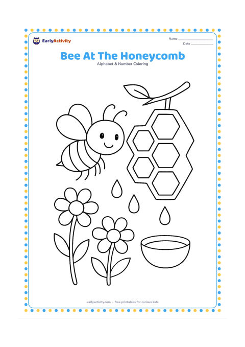 Colouring page: A smiling bee hovers beside a hanging honeycomb and three flowers, with a few plain honey drops falling into a small bowl below. The honeycomb cells should be large and empty of markings.