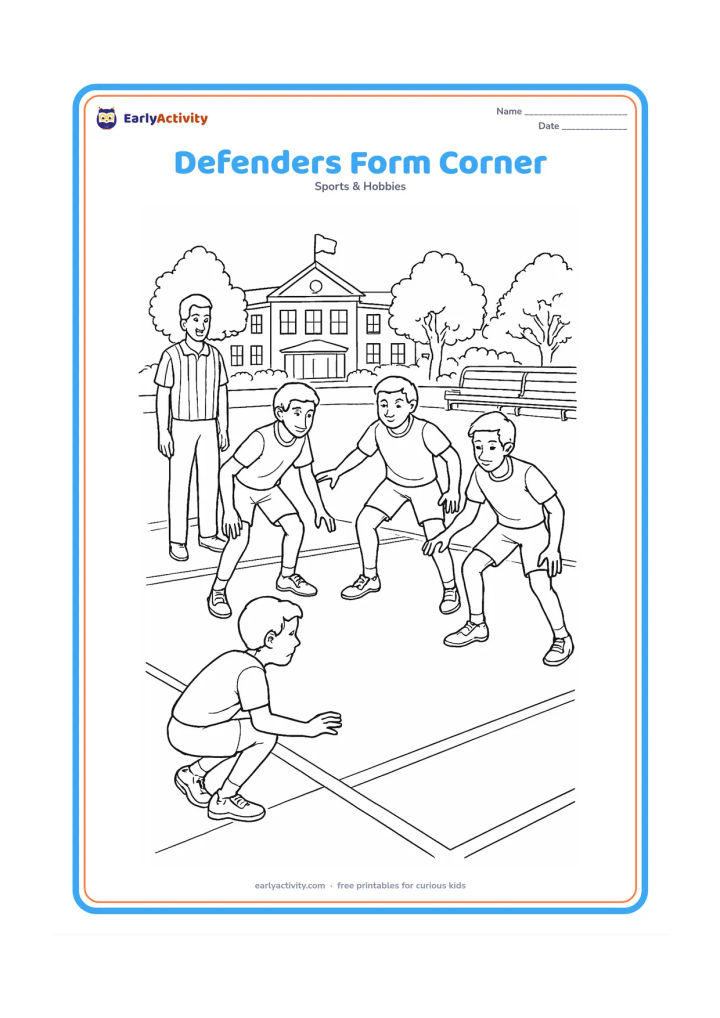 Colouring page: Three defenders create a coordinated corner formation as a raider crouches near the sideline looking for a way back. Include a referee, detailed court lines, team benches, trees and an…