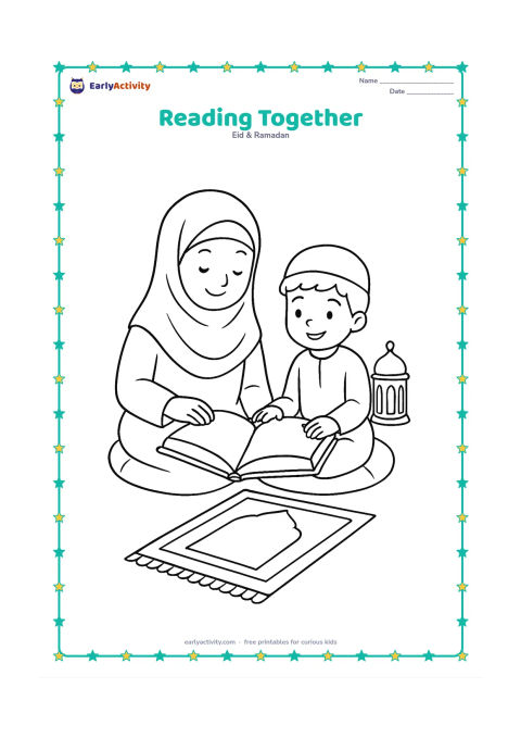 Colouring page: An adult and child sit side by side on cushions, looking at an open Quran with blank pages, with a lantern and prayer mat nearby.