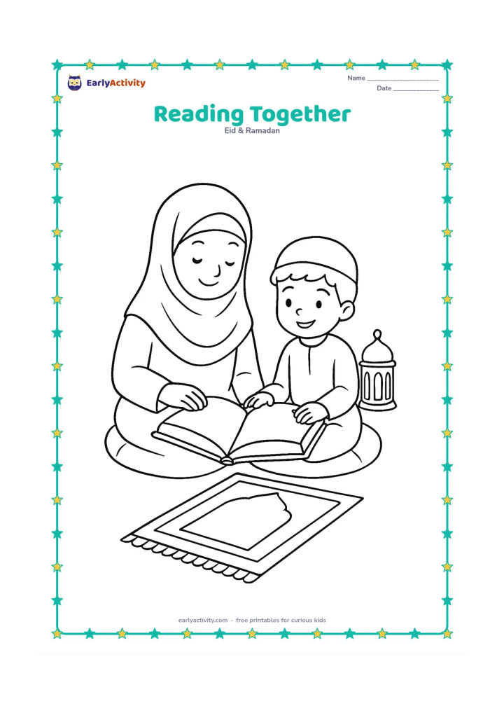 Colouring page: An adult and child sit side by side on cushions, looking at an open Quran with blank pages, with a lantern and prayer mat nearby.