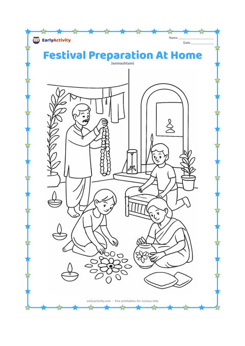 Colouring page: Draw an Indian family preparing for Janmashtami in a courtyard: one person strings flowers, one decorates a matki, a child arranges a rangoli, and another places cushions near a cradle.…