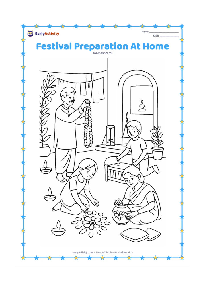 Colouring page: Draw an Indian family preparing for Janmashtami in a courtyard: one person strings flowers, one decorates a matki, a child arranges a rangoli, and another places cushions near a cradle.…