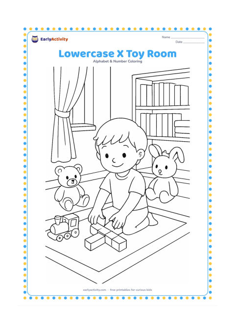 Colouring page: Draw a detailed playroom scene with a child arranging plain blocks into a lowercase x shape, surrounded by a toy train, stuffed animals, a bookshelf with blank book spines, curtains and…