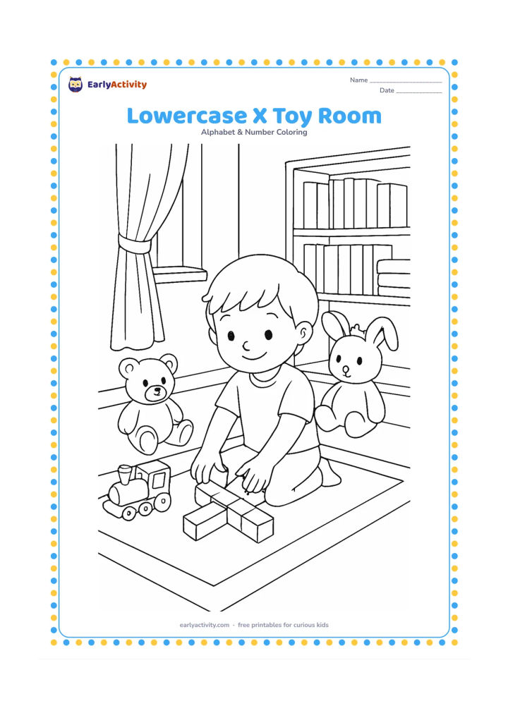 Colouring page: Draw a detailed playroom scene with a child arranging plain blocks into a lowercase x shape, surrounded by a toy train, stuffed animals, a bookshelf with blank book spines, curtains and…