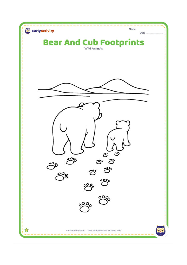 Colouring page: A polar bear and its cub walk away across fresh snow, following two trails of different-sized pawprints toward distant ice hills.