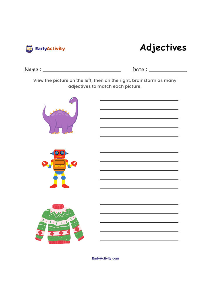 Worksheet showing a purple dinosaur, a colourful robot and a patterned sweater, with lines for writing adjectives beside each picture.