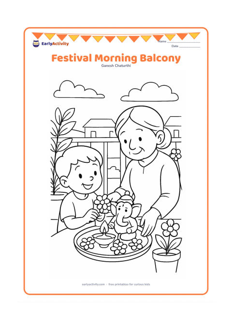 Colouring page: A child and grandparent arrange flowers and a diya beside a small Ganesha idol on an apartment balcony. Include potted plants, a railing, distant rooftops and soft morning clouds.