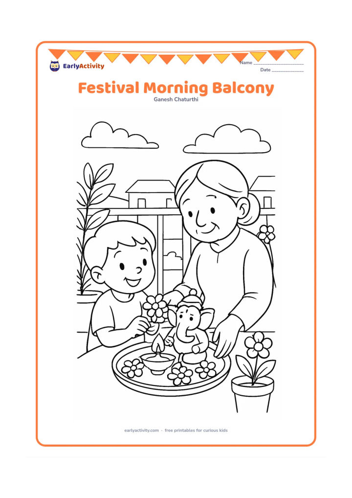 Colouring page: A child and grandparent arrange flowers and a diya beside a small Ganesha idol on an apartment balcony. Include potted plants, a railing, distant rooftops and soft morning clouds.