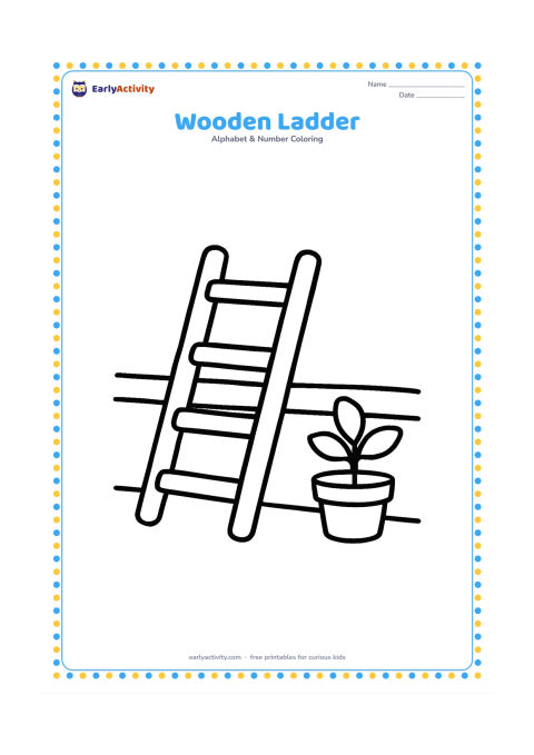 Colouring page: Draw a short wooden ladder leaning safely against a low garden wall, with three wide rungs and a small potted plant beside it. Show the full ladder clearly from base to top.