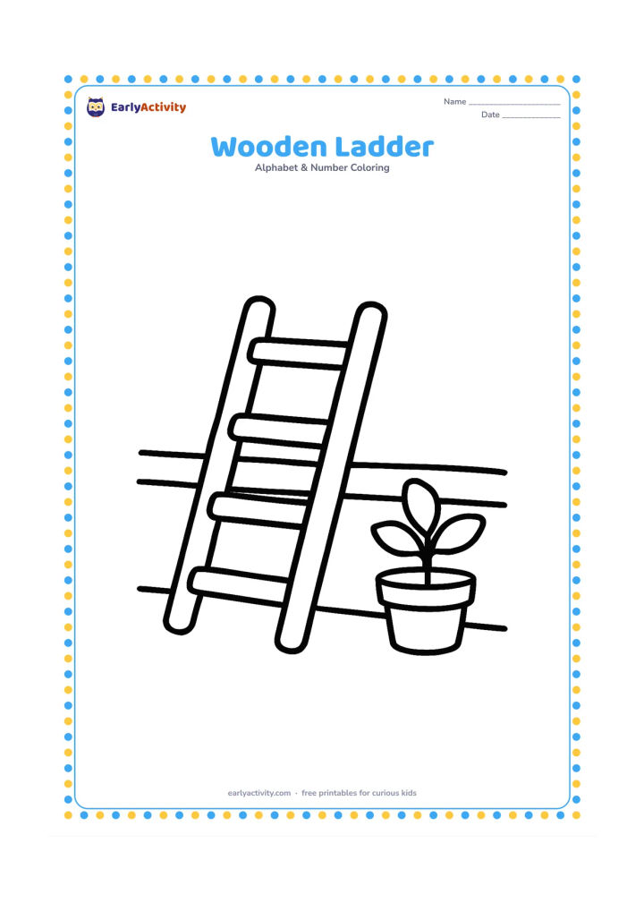 Colouring page: Draw a short wooden ladder leaning safely against a low garden wall, with three wide rungs and a small potted plant beside it. Show the full ladder clearly from base to top.