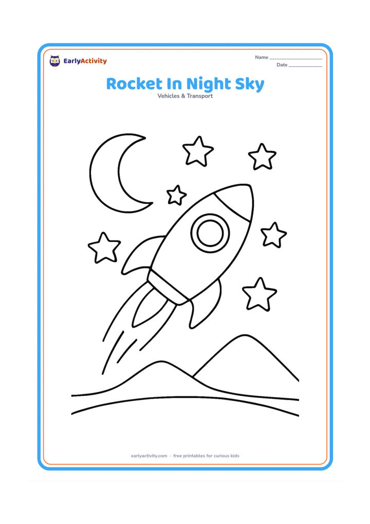 Colouring page: Draw a rocket flying across a dark-sky scene with a large crescent Moon, several big stars and a simple mountain horizon.