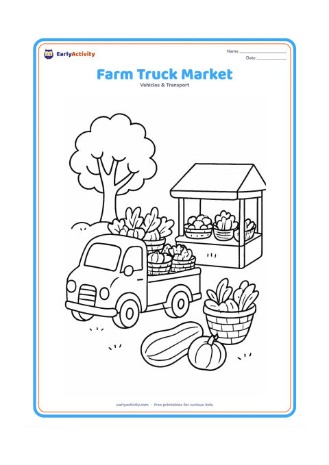 Colouring page: A farm truck loaded with baskets of vegetables arrives at a small Indian roadside market stall. Include a tree, a woven basket and a few large vegetables, with the truck facing the stall.
