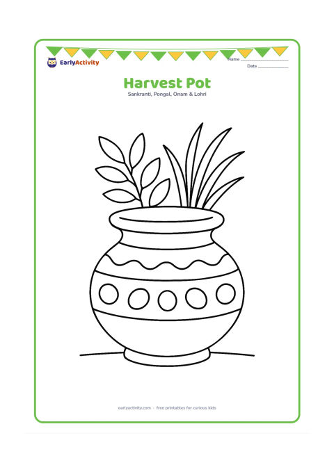 Colouring page: A decorated earthen harvest pot with a wide rim, leafy sprigs, and a few sugarcane leaves behind it. Place the pot on a plain floor.