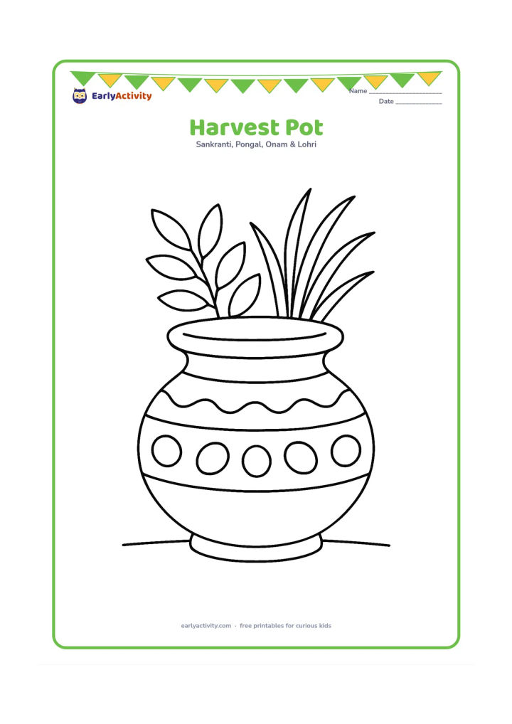 Colouring page: A decorated earthen harvest pot with a wide rim, leafy sprigs, and a few sugarcane leaves behind it. Place the pot on a plain floor.