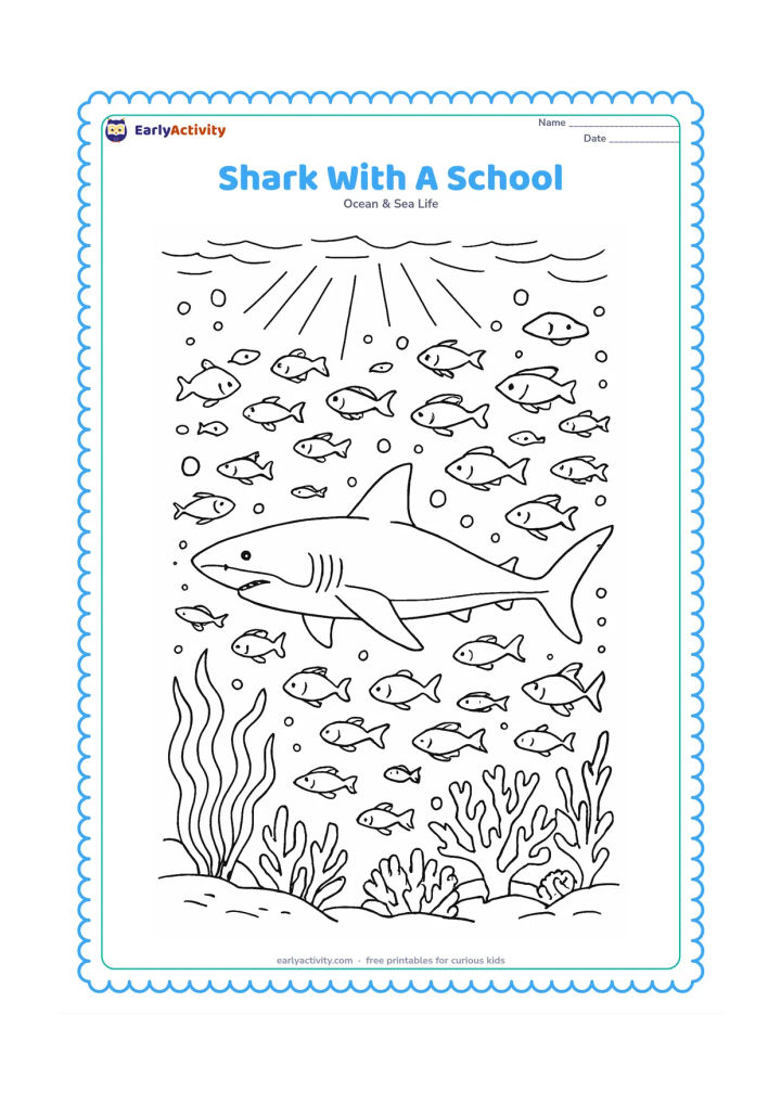 Colouring page: A shark leads a large school of fish through open water, with varied bubbles, sweeping seaweed, coral outcrops and rays of sunlight from the surface. Arrange the fish in flowing groups…
