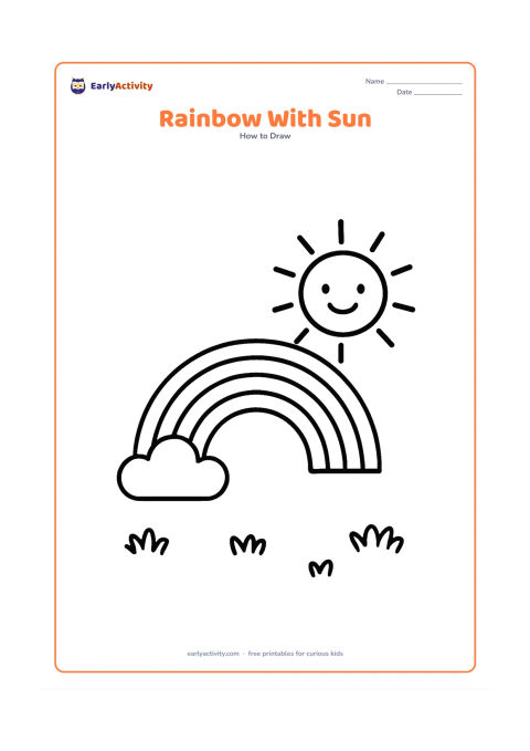 Worksheet: A wide rainbow stretches between one cloud and a large smiling sun with simple rays. Place a few rounded grass tufts along the bottom edge and leave the sky mostly empty.
