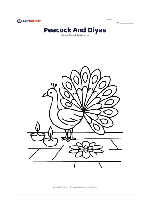 Worksheet: Draw a peacock standing beside two diyas, with its tail opened into large repeated feather shapes. Place the scene on a courtyard floor with a small rangoli beneath the bird and an open…