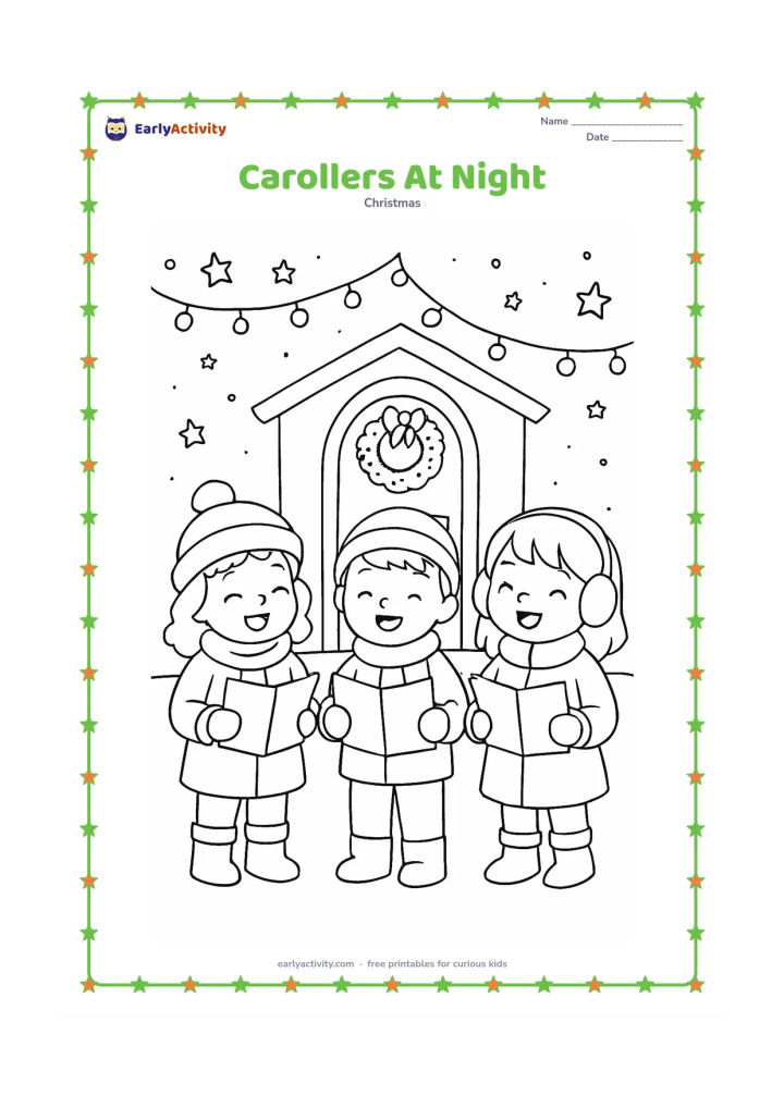 Colouring page: Draw three cheerful children singing together outdoors at evening, holding plain song sheets without markings, with a decorated doorway, stars and hanging lights behind them.