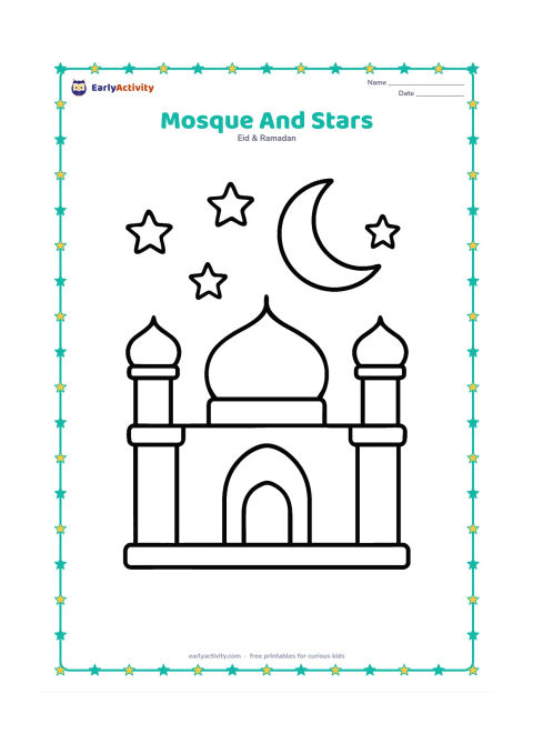 Colouring page: Draw a low, friendly-looking mosque with two domes, a central arched entrance, and two short minarets. Surround it with large stars and a crescent moon.