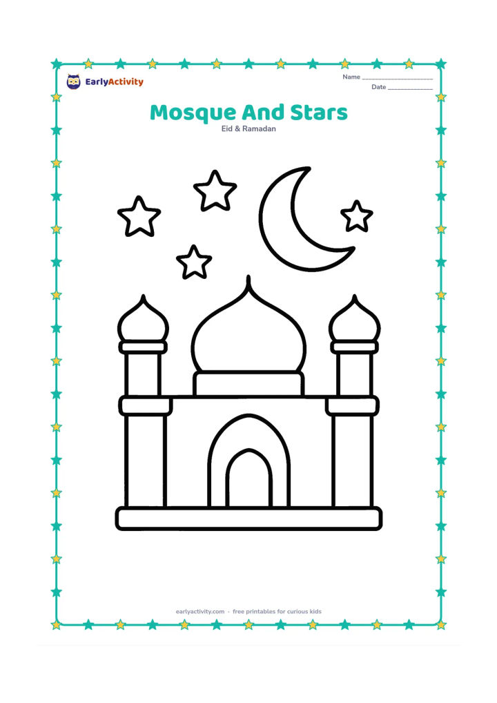 Colouring page: Draw a low, friendly-looking mosque with two domes, a central arched entrance, and two short minarets. Surround it with large stars and a crescent moon.