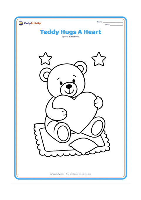 Colouring page: A teddy bear hugs a large blank heart-shaped cushion while sitting on a small rug. Add two simple stars and a small cushion nearby.