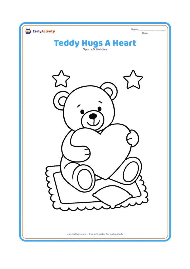 Colouring page: A teddy bear hugs a large blank heart-shaped cushion while sitting on a small rug. Add two simple stars and a small cushion nearby.