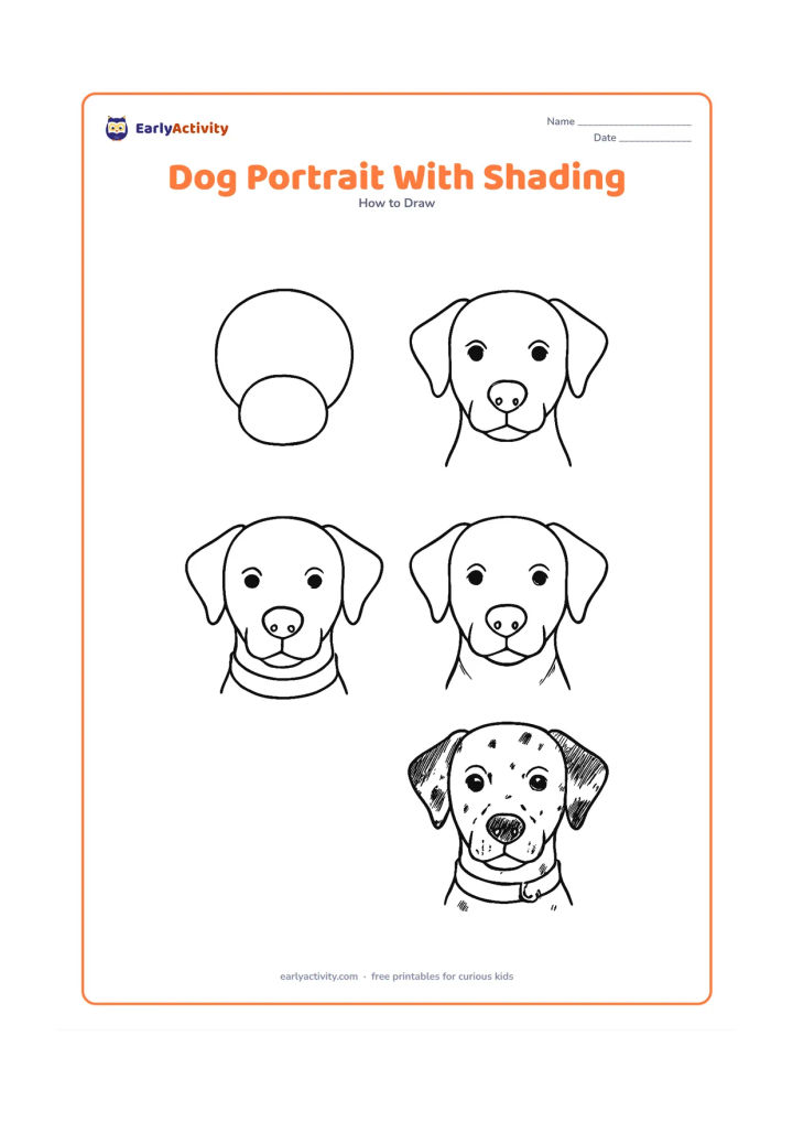 Worksheet: Show blank, unlabeled stages for an older child's front-facing dog portrait, beginning with construction ovals and adding muzzle, ears, collar, fur direction, coat spots and gentle…