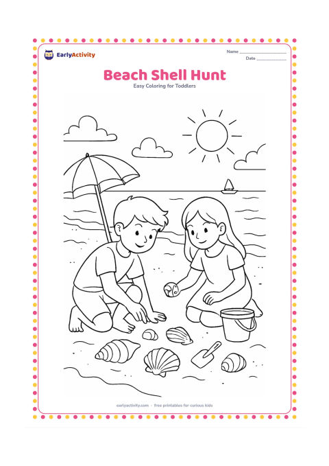 Colouring page: Two children search for shells on a sunny beach, with a bucket, a small spade and several large shells in the sand. Add gentle waves, a beach umbrella and a distant boat with no markings.