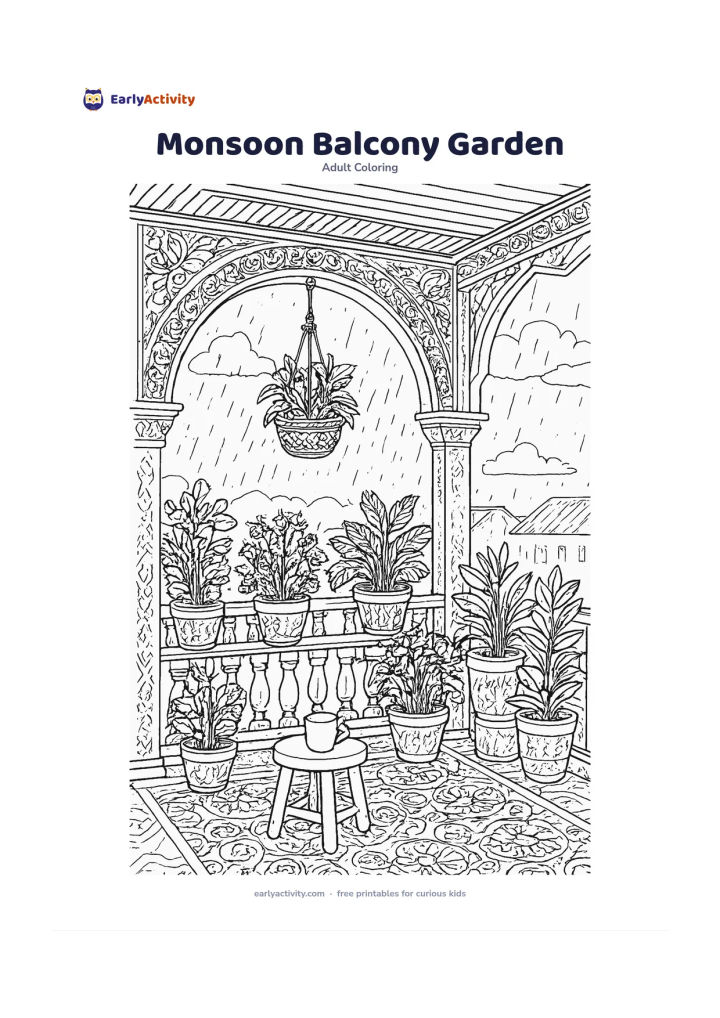 Colouring page: Draw a covered Indian balcony during gentle rain, with rows of potted tulsi, jasmine and leafy plants, a hanging planter, patterned floor tiles, a cup on a small stool and rain falling…
