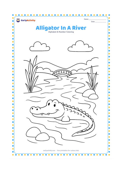 Colouring page: Draw an alligator swimming through a wide river with only its head and back above the water. Add reeds, rounded rocks, and a small bridge in the distance.